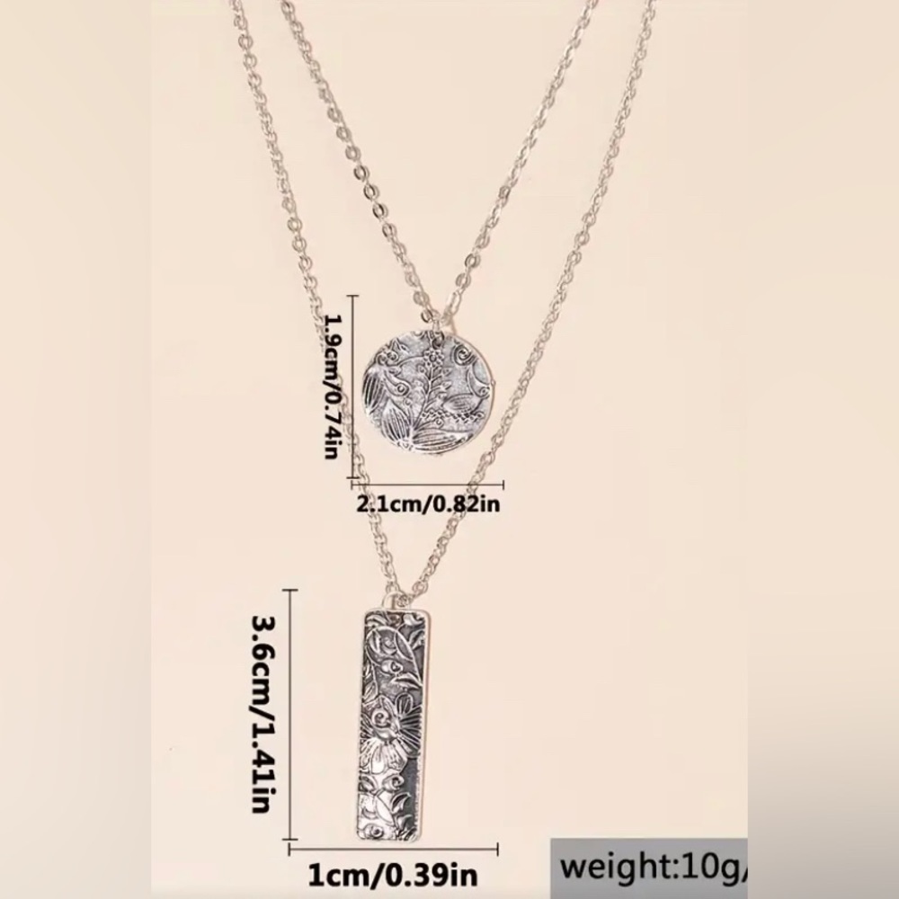 Bohemian floral engraved silver layered necklace medallion and bar adjustable - Picture 4 of 8